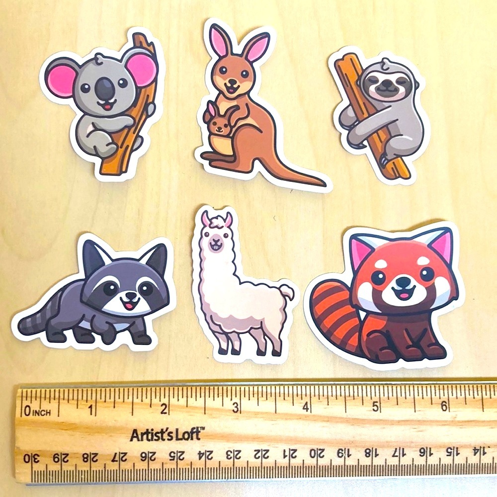 10/$10 or $1 BUNDLE: 6 WATERPROOF‎ International Smilers Stickers 🦝 🐨 🦙 🦥 🦘